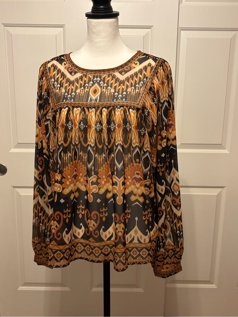 Flying Tomato Boho Geometric Long-Sleeve Blouse in Mustard & Black